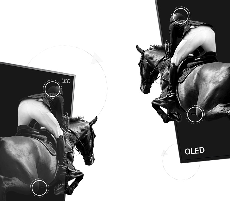 O scenă de călărie afișată pe un ecran LED cu un contrast slab și cealaltă jumătate afișată pe un ecran OLED cu contrast infinit (redă videoclipul)