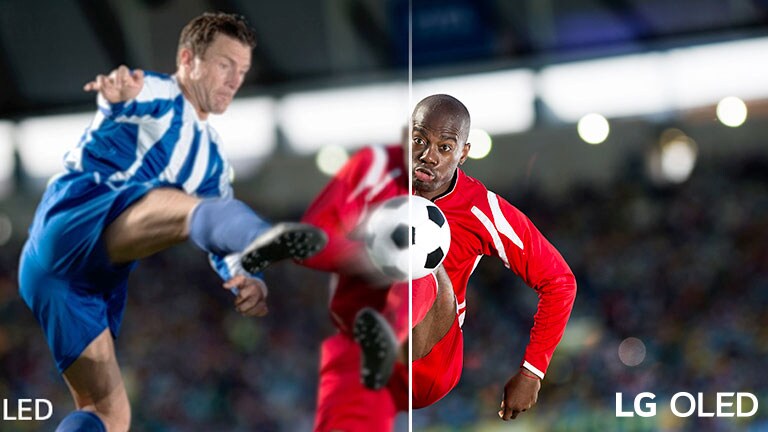 O imagine cu un meci de fotbal este împărțită în două pentru a putea fi comparată. Pe imagine, există textul LCD/LED în partea stângă jos și logoul LG OLED în partea din dreapta jos.