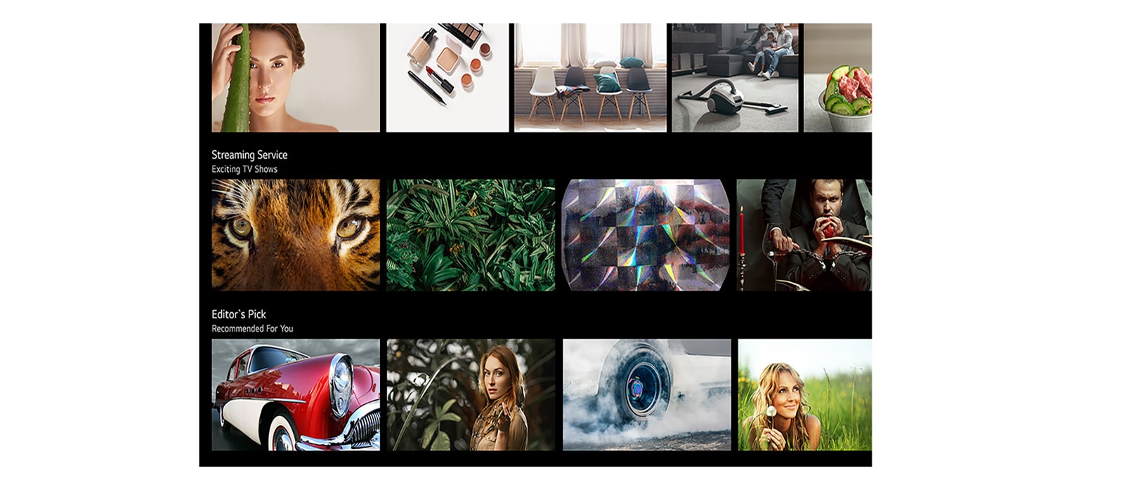 Un ecran TV care prezintă diverse conținuturi listate și recomandate de LG ThinQ AI