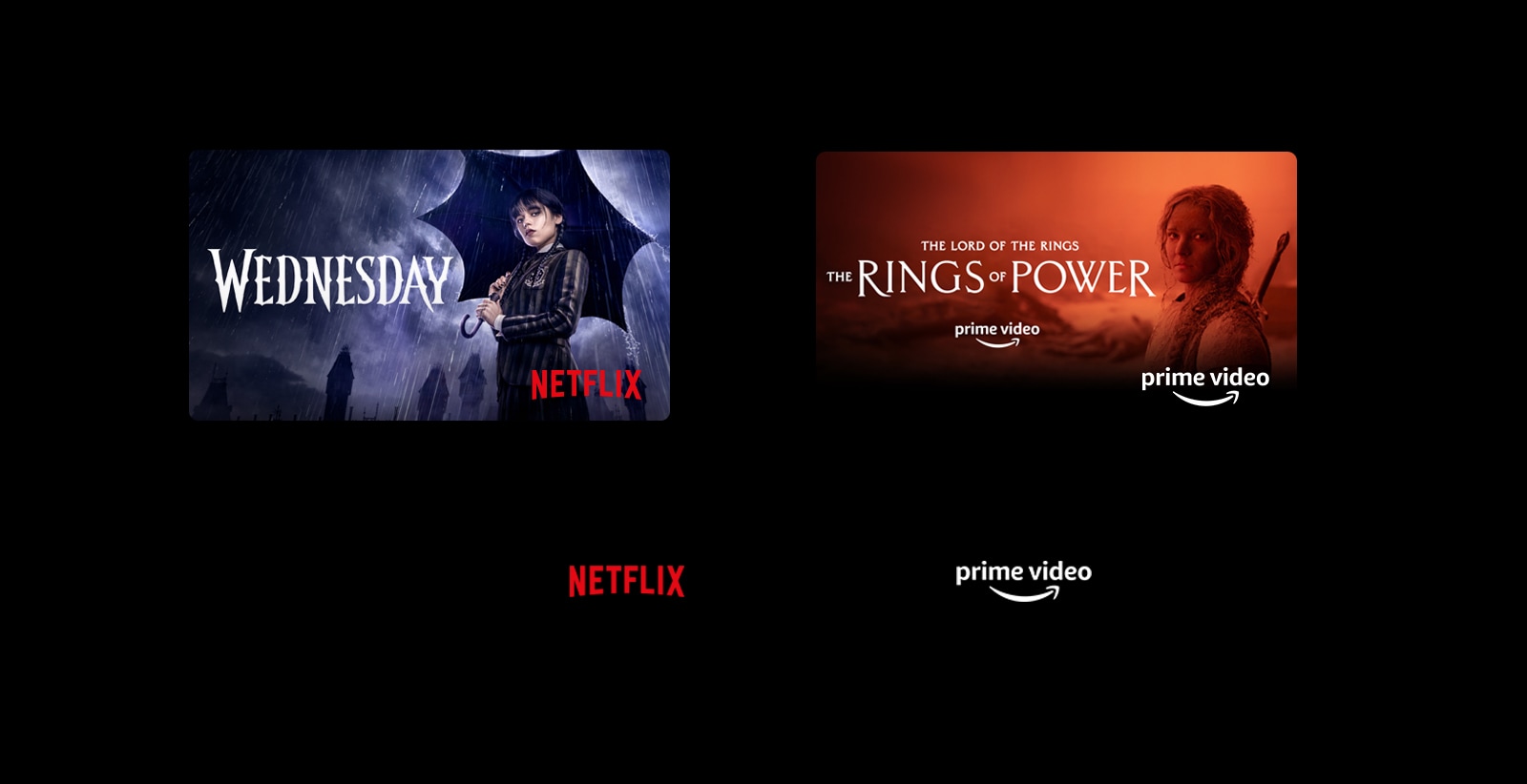 Poster cu Wednesday de la Netflix și The Rings of Power de la Prime Video.