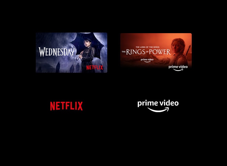 Poster cu Wednesday de la Netflix și The Rings of Power de la Prime Video.