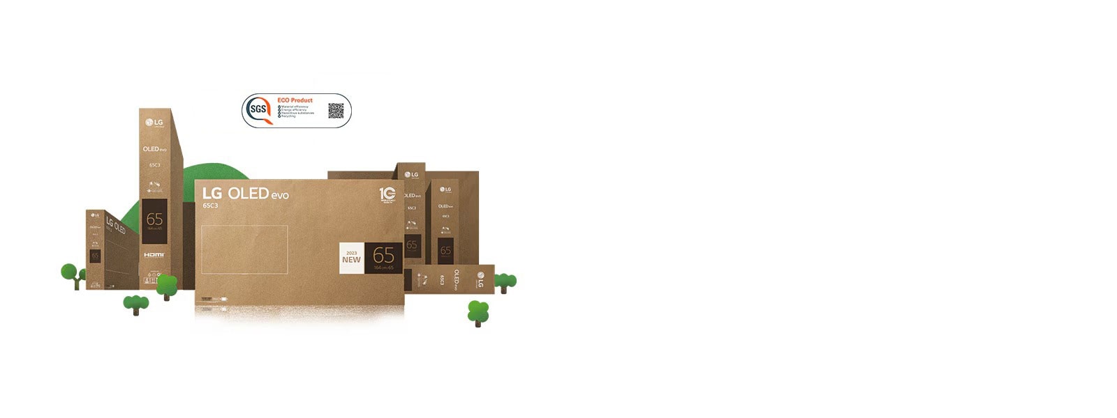 Ambalajele din carton ecologic ale LG OLED ilustrate în jurul unor copaci viguroși și al unor munți.