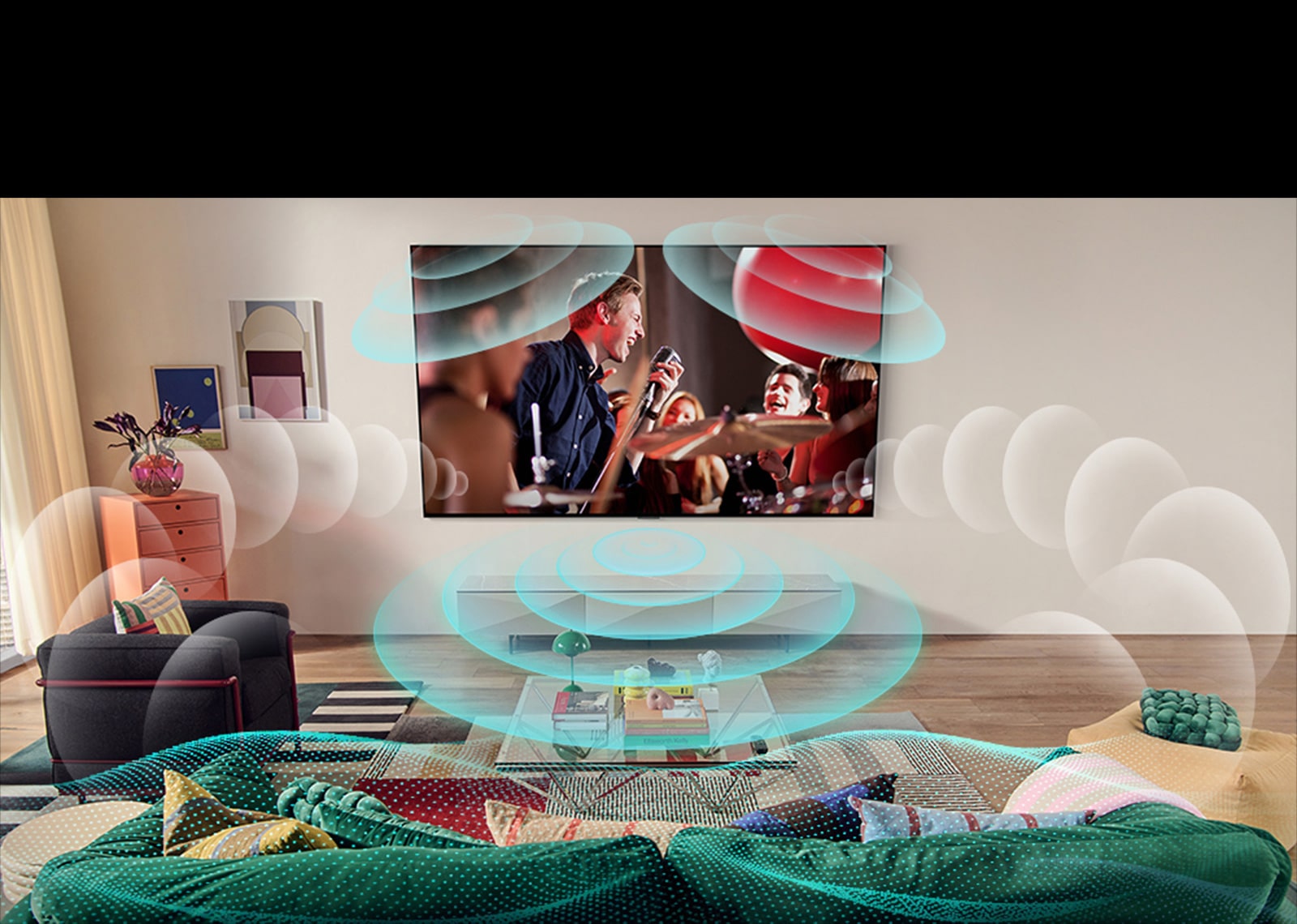 O imagine a unui televizor OLED LG într-o cameră, afișând un concert muzical. Bulele care înfățișează sunetul virtual surround umplând spațiul.