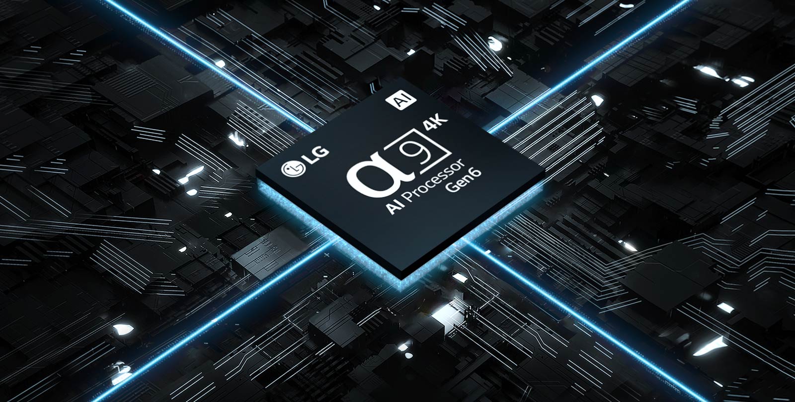 Video del processore α9 AI 4K di sesta generazione su un circuito stampato.  Il pannello è illuminato e dal chip vengono emesse luci blu, che rappresentano la sua potenza.