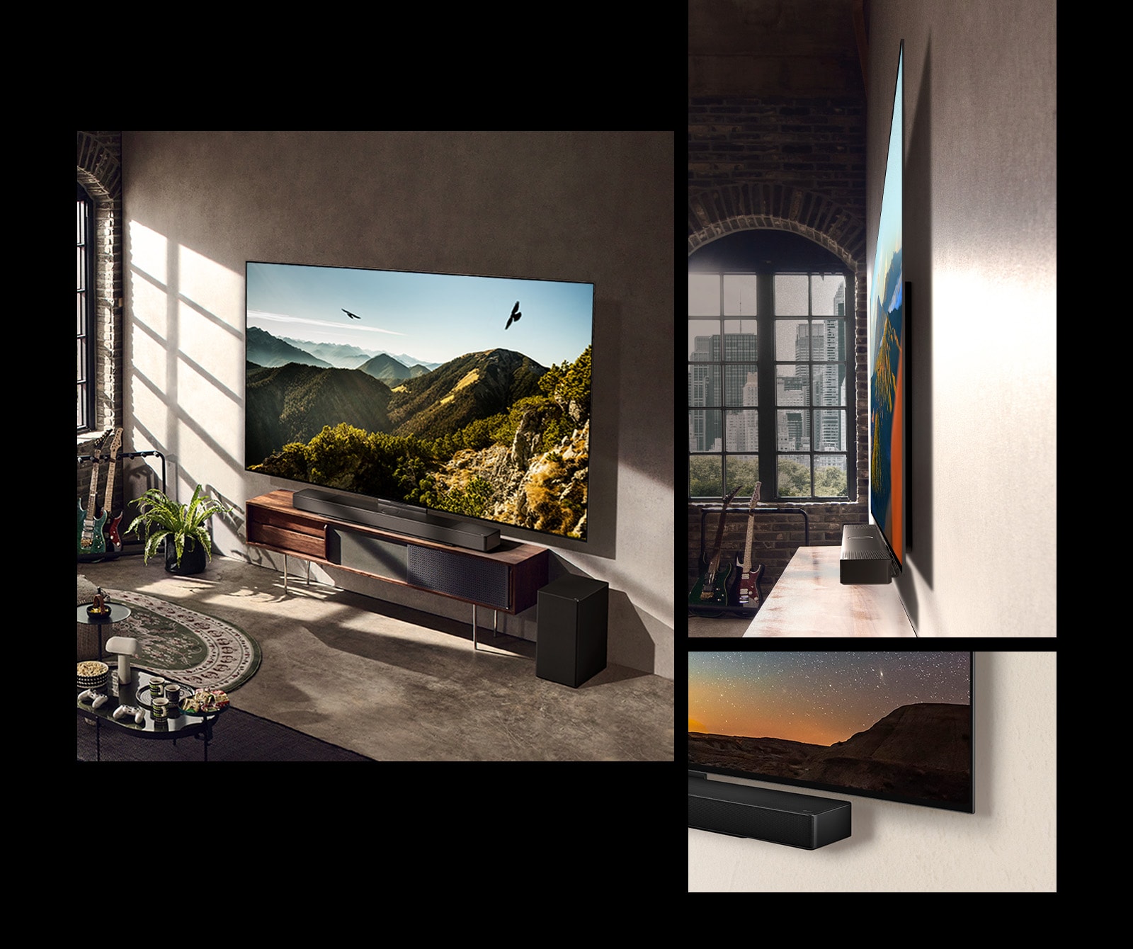 Immagine del prodotto LG OLED C3 con soundbar sulla parete di un'aula artistica.  Vista laterale delle dimensioni ridotte dell'LG OLED C3 davanti a una finestra che si affaccia su una città.  L'angolo inferiore del prodotto LG OLED C3 e la soundbar.