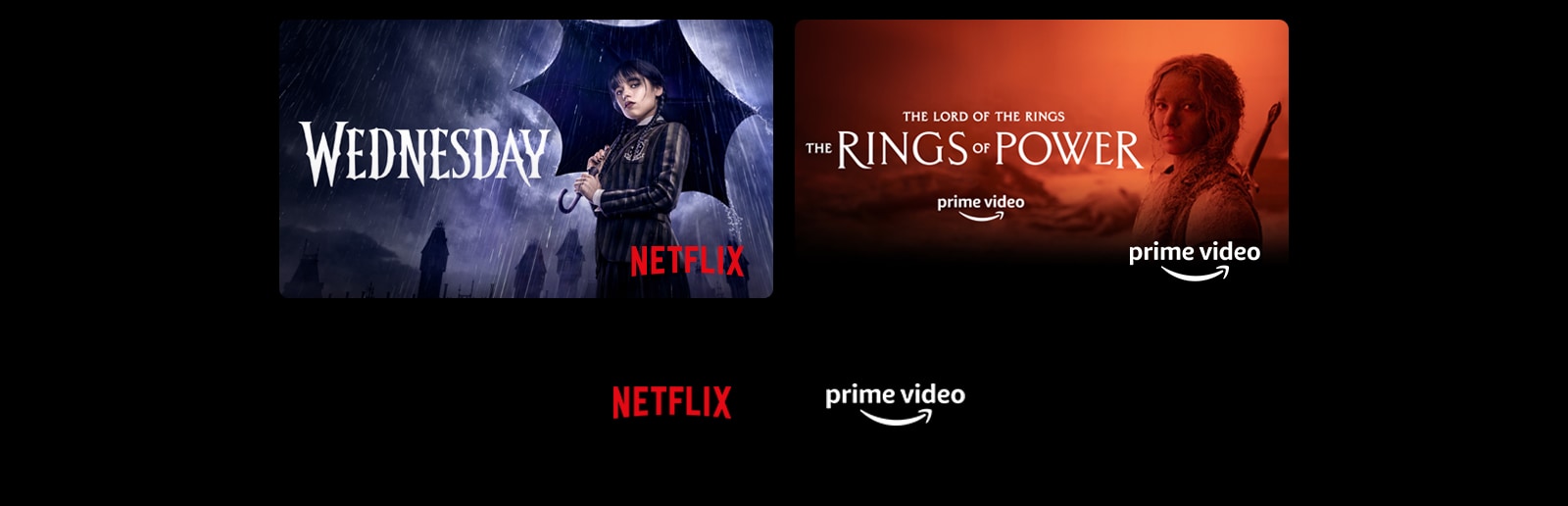 Poster cu Wednesday de la Netflix și The Rings of Power de la Prime Video.