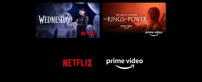 Poster cu Wednesday de la Netflix și The Rings of Power de la Prime Video.