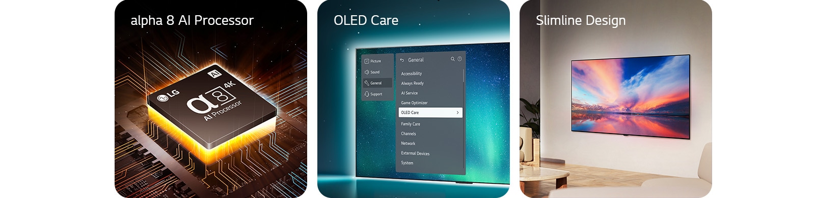 Procesorul AI Alpha 8 al LG este pozitionat pe partea de sus a unei placi de baza, emitand fulgere portocalii de lumina. Televizorul OLED cu meniul OLED Care este selectat in meniul de suport care este afisat pe ecran. Designul subtire este vizualizat din lateral, in timp ce este pozitionat perfect pe perete intr-un spatiu de locuit modern.