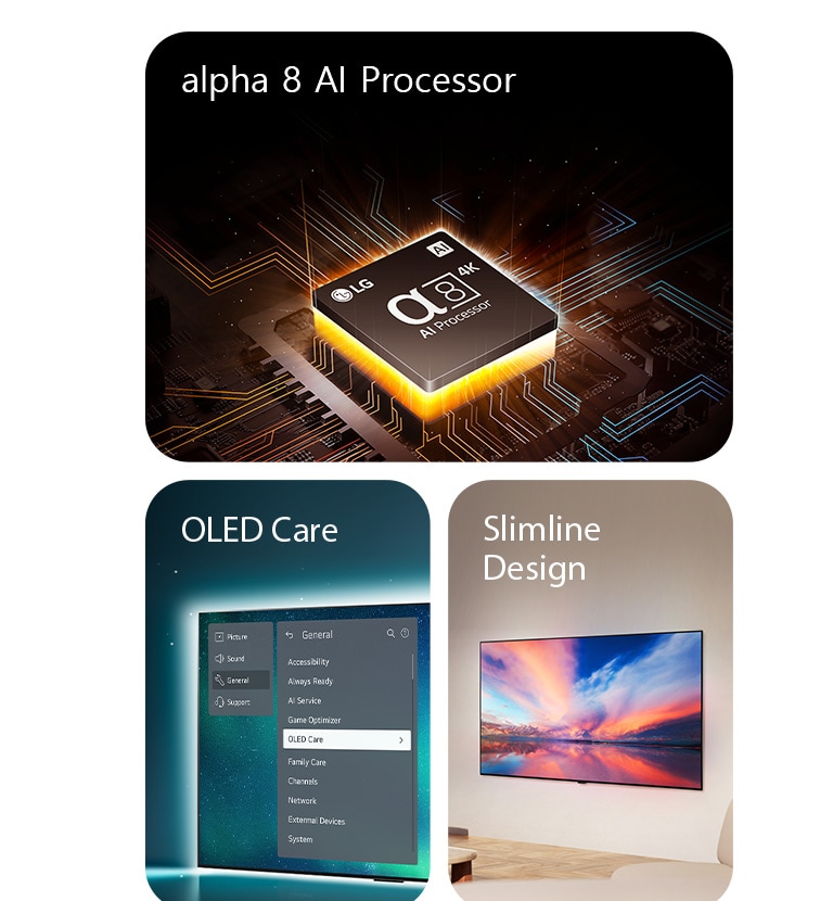 Procesorul AI Alpha 8 al LG este poziționat pe partea de sus a unei plăci de bază, emițând fulgere portocalii de lumină.  Televizorul OLED cu meniul OLED Care este selectat în meniul de suport care este afișat pe ecran.  Designul subțire este vizualizat din lateral, în timp ce este poziționat perfect pe perete într-un spațiu de locuit modern.