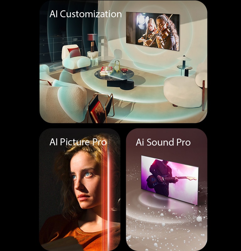 LG OLED într-un spațiu de locuit modern afișează o interpretare muzicală pe ecran. Valurile circulare albastre care reprezintă personalizarea înconjoară televizorul și spațiul.  O femeie cu ochii albaștri pătrunzători și o bluză portocalie într-un spațiu întunecat. Linii roșii care reprezintă rafinamentele AI acoperă parțial fața ei, care este luminoasă și detaliată, în timp ce restul imaginii pare tern.  Televizorul LG OLED emite bule și unde sonore din ecran și umplu spațiul.