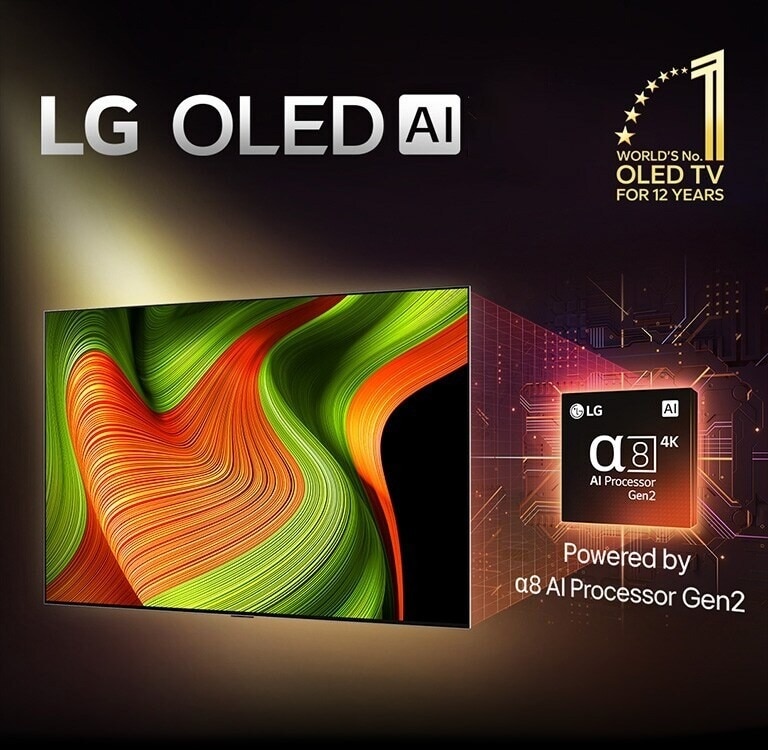 Pe ecranul unui televizor LG OLED AI se află o imagine abstractă cu detalii, culori și contrast impresionante. O versiune mărită a procesorului alpha 8 AI Gen2 se află în spatele televizorului. Strălucește cu lumină care iluminează circuitele microcipului din jurul său. Titlul transmite LG OLED AI. Textul este, de asemenea, vizibil, alimentat de procesorul LG alpha 8 AI Gen2. Un logo auriu cu stele se află în colțul pe care scrie, OLED TV numărul unu din lume timp de 12 ani. 