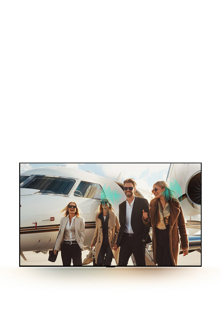 Un grup de persoane merge pe pista unui aeroport. În spatele lor este un avion.AI Voice ID cu My Profile se sincronizează cu dvs. Pare că grupul abia a coborât din avion și motoarele încă sunt pornite. Unde sonore abstracte vin de la unii dintre oameni în timp ce vorbesc, reprezentând modul în care, în ciuda zgomotului puternic de fundal, vocile pot fi ușor auzite și înțelese cu Al Voice Remastering.