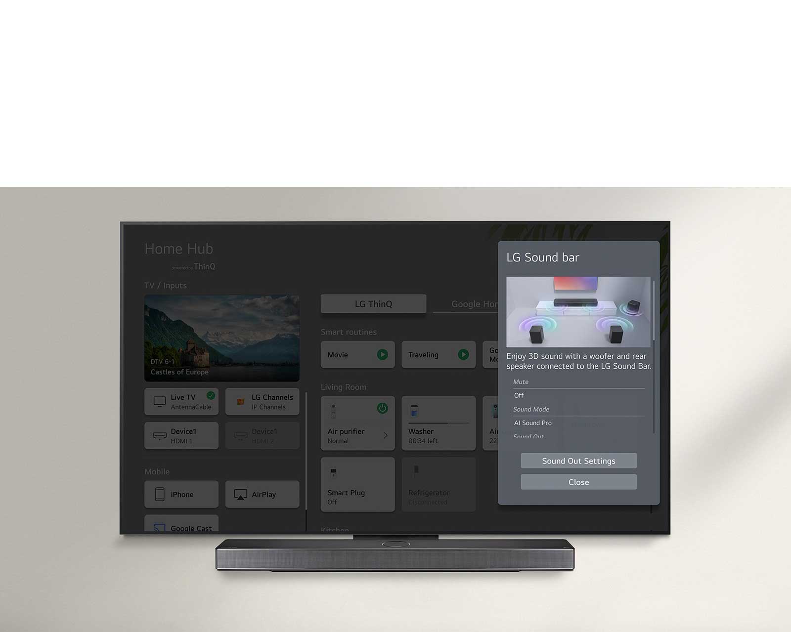 LG Soundbar este sub un LG OLED TV. Pe ecranul TV este un UI pentru comenzile volumului pentru soundbar și TV. 