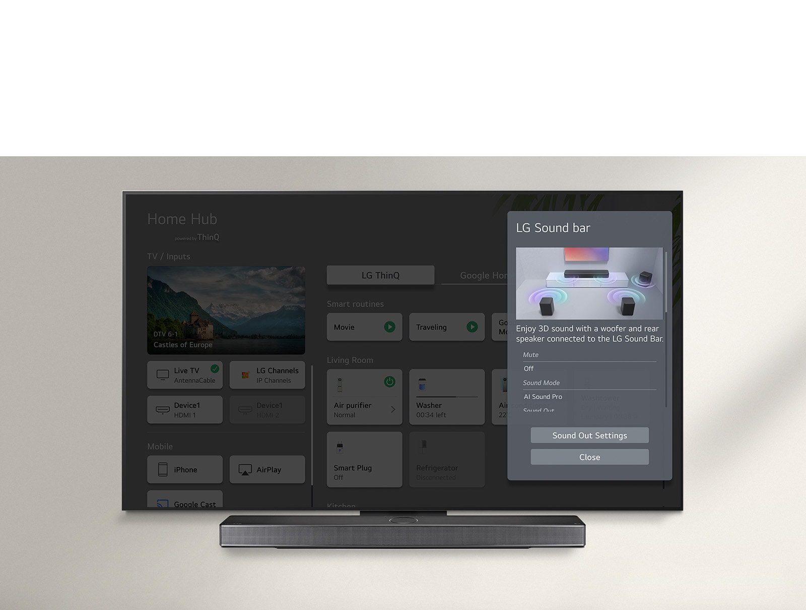 LG Soundbar este sub un LG OLED TV. Pe ecranul TV este un UI pentru comenzile volumului pentru soundbar și TV. 