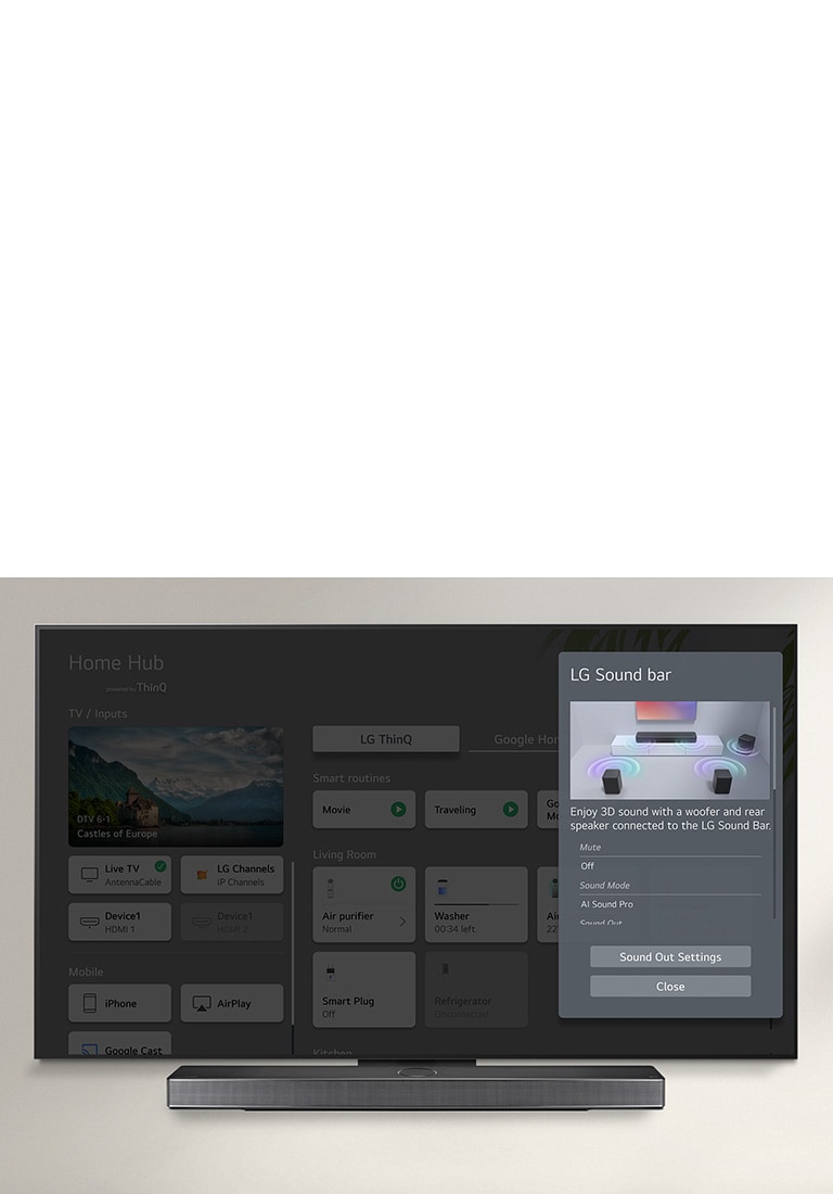 LG Soundbar este sub un LG OLED TV. Pe ecranul TV este un UI pentru comenzile volumului pentru soundbar și TV. 