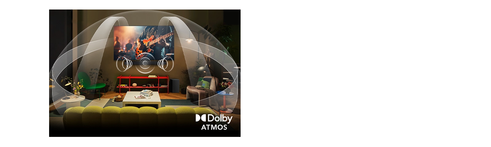 Slabo osvetljena, udobna dnevna soba z OLED LG TV s LG Soundbar. Na zaslonu je bližnji posnetek električne kitare. Grafika prikazuje, kako Dolby Atmos napolni celoten prostor s prostorskim zvokom iz vseh smeri. Logotip Dolby Atmos je v spodnjem kotu.