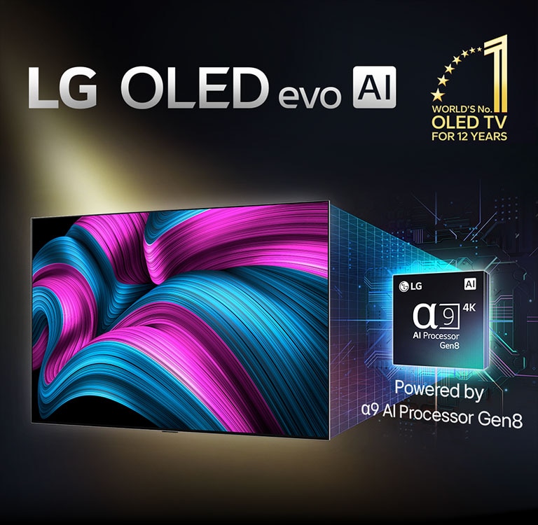 Pe ecranul unui televizor LG OLED evo AI se află o imagine abstractă cu detalii, culori și contrast impresionante. O versiune mărită a procesorului alpha 9 AI Gen8 se află în spatele televizorului. Strălucește cu lumină care iluminează circuitele microcipului din jurul său. Titlul transmite LG OLED evo AI. Textul este, de asemenea, vizibil, alimentat de procesorul LG alpha 9 AI Gen8. Un logo auriu cu stele se află în colțul pe care scrie, OLED TV numărul unu din lume timp de 12 ani. 