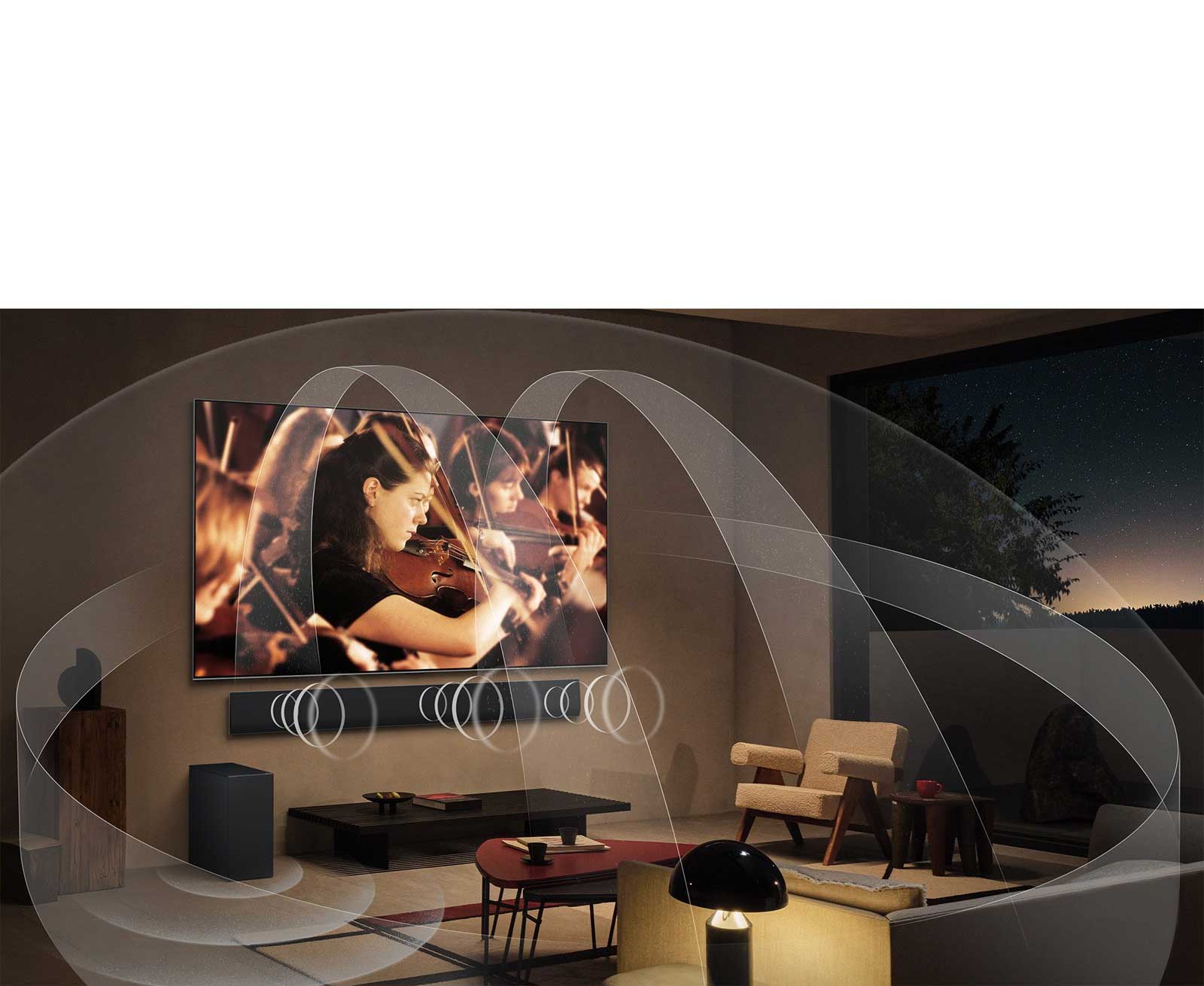 Sufragerie cu un LG OLED TV și LG Soundbar cu grafică ce reprezintă cum ambele dispozitive umplu spațiul cu sunet multi-surround.