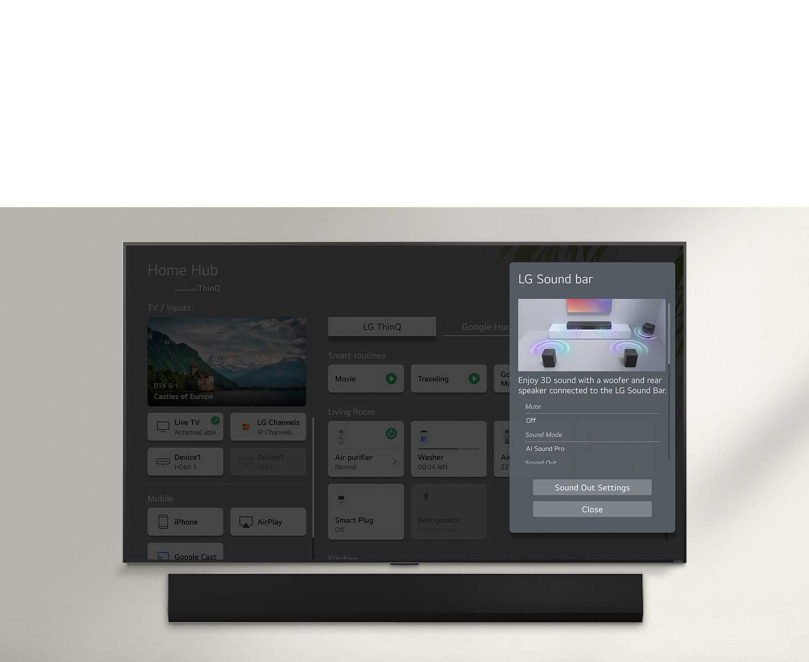 LG Soundbar is below an LG OLED TV. On the TV screen is the UI for the soundbar and TV volume controls. 