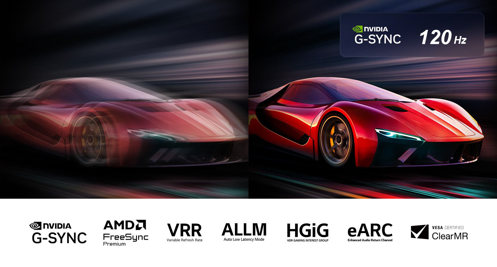 Două imagini cu o mașină dintr-un joc video, una lângă cealaltă. Una prezintă neclaritate cauzată de mișcare. Cealaltă este clară și în centru, arătând rata deîmprospătare ridicată a LG OLED TV. Sigla Nvidia G-Sync, sigla 165Hz și alte certificări relevante sunt vizibile. 
