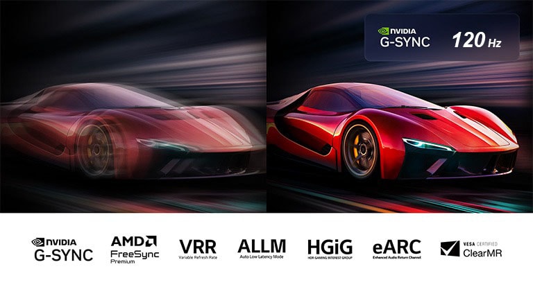Două imagini cu o mașină dintr-un joc video, una lângă cealaltă. Una prezintă neclaritate cauzată de mișcare. Cealaltă este clară și în centru, arătând rata deîmprospătare ridicată a LG OLED TV. Sigla Nvidia G-Sync, sigla 165Hz și alte certificări relevante sunt vizibile. 