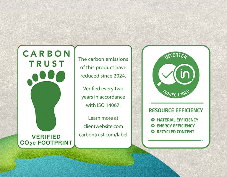 Marcaj de certificare Carbon Trust, pentru reducerea carbonului și măsurarea emisiilor de carbon și marcaj de certificare pentru eficiența resurselor, de către Intertek.
