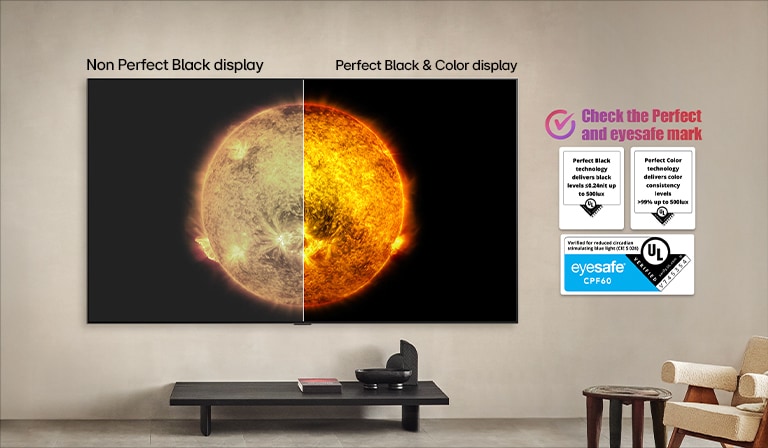 LG OLED TV afișează o comparație vizuală între un afișaj cu Perfect Color și Perfect Black și unul fără. Certificările UL, TÜV și privind siguranța pentru vedere sunt vizibile, cu textul care solicită verificarea marcajelor.