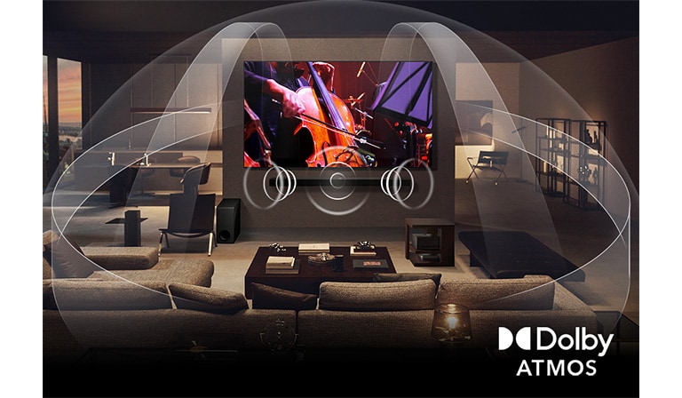 Sufragerie confortabilă și slab iluminată, cu un cuplu care urmărește un film pe LG OLED TV cu LG Soundbar. Grafica arată cum Dolby Atmos umple întregul spațiu cu sunet surround, din toate direcțiile. Sigla Dolby Atmos este în colțul de jos.