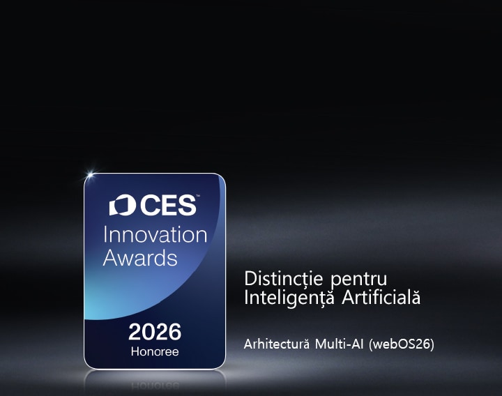 Emblema CES Innovation Awards 2026 Honoree este afișată pe un fundal întunecat. Multi-AI Architecture este recunoscută în categoria Artificial Intelligence.