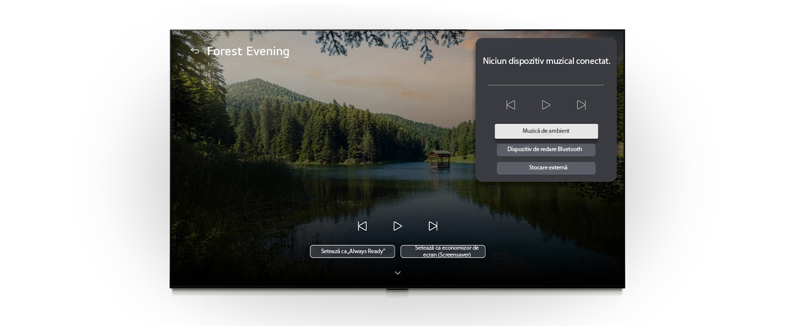 LG OLED evo AI B6 cu LG Gallery+, BGM și Music Lounge afișează pe ecran scena „Forest Evening” cu un lac în pădure, alături de un panou vizibil de interfață Music Lounge pentru muzică de ambient, redare prin Bluetooth și comenzi.