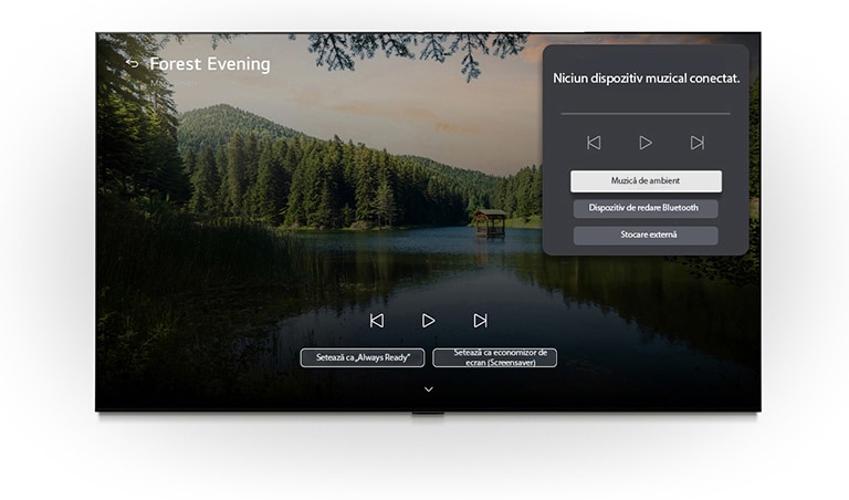 LG OLED evo AI B6 cu LG Gallery+, BGM și Music Lounge afișează pe ecran scena „Forest Evening” cu un lac în pădure, alături de un panou vizibil de interfață Music Lounge pentru muzică de ambient, redare prin Bluetooth și comenzi.