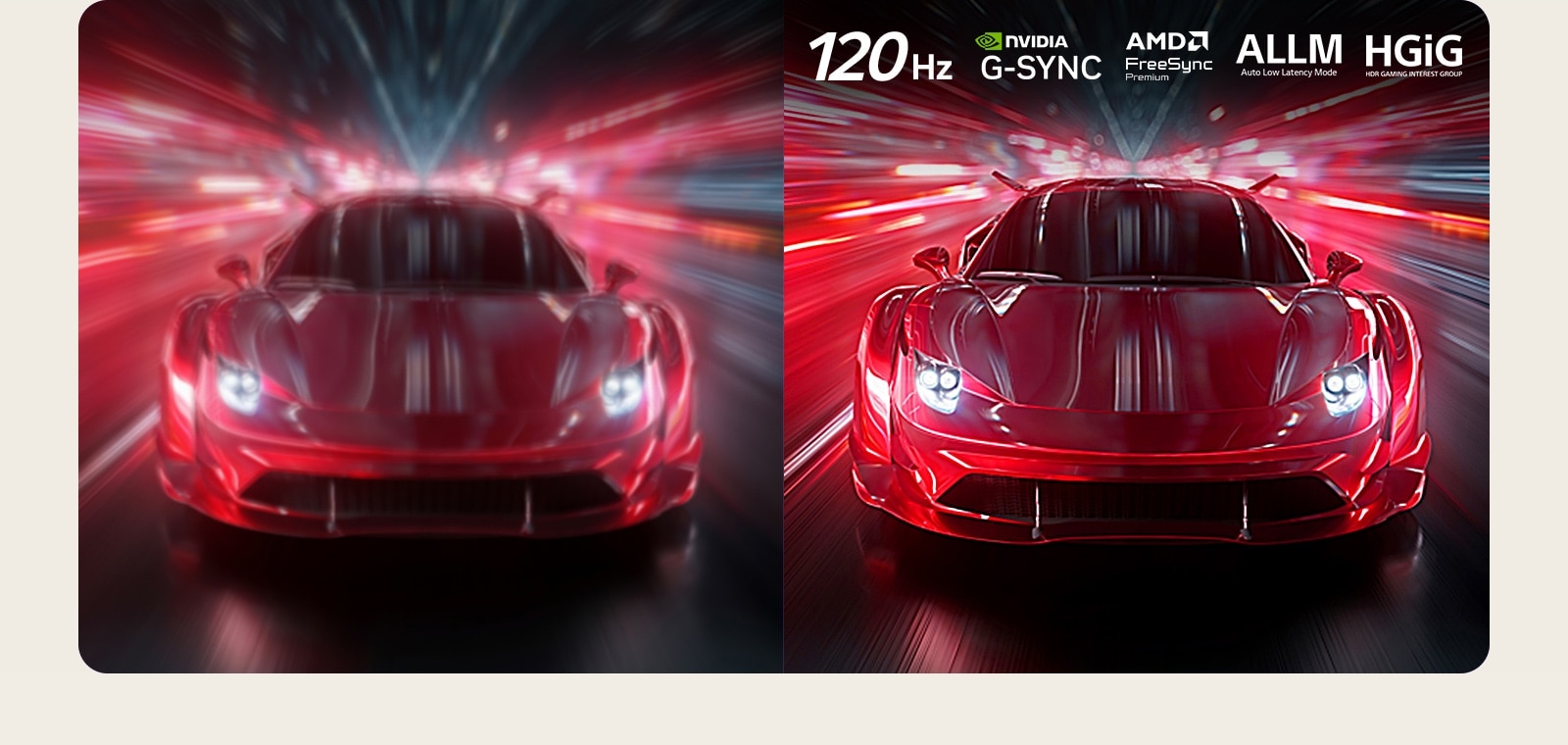 LG OLED AI B6 compară 144Hz vs 60Hz într-un joc de curse cu motociclete, prezentând panoul de 144Hz ca fiind ultra-fluid și fără efect de „tearing”. Logourile NVIDIA G-SYNC și AMD FreeSync Premium apar în partea din stânga sus.