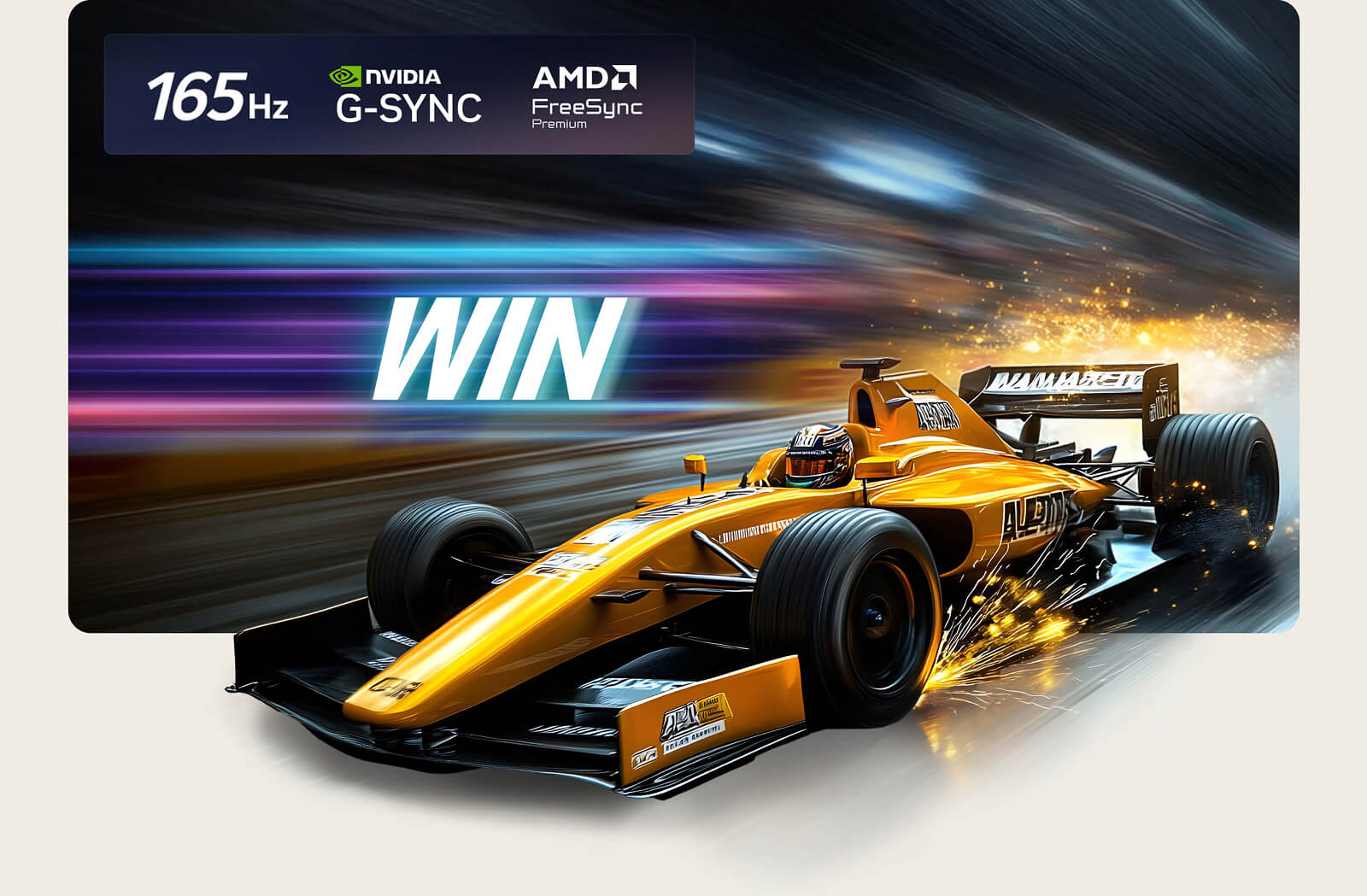 LG OLED evo AI C6 pentru Unbeatable Gameplay în 4K la o rată de refresh de 165Hz prezintă un joc de curse de mare viteză cu o mașină galbenă de tip "open-wheel" în mișcare, textul aldin „WIN” pe ecran și logo-urile NVIDIA G-SYNC și AMD FreeSync Premium în partea de sus.
