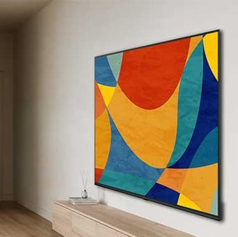 LG NANO 4K UHD AI NU85 with Linear Flow Design is presented in a multi-angle view, with a rear panel shown at the top, a wall-mounted living room scene at the bottom left, and a close-up of the ridged metal back at the bottom right.