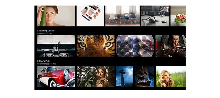 Un ecran TV care prezintă diverse conținuturi listate și recomandate de LG ThinQ AI