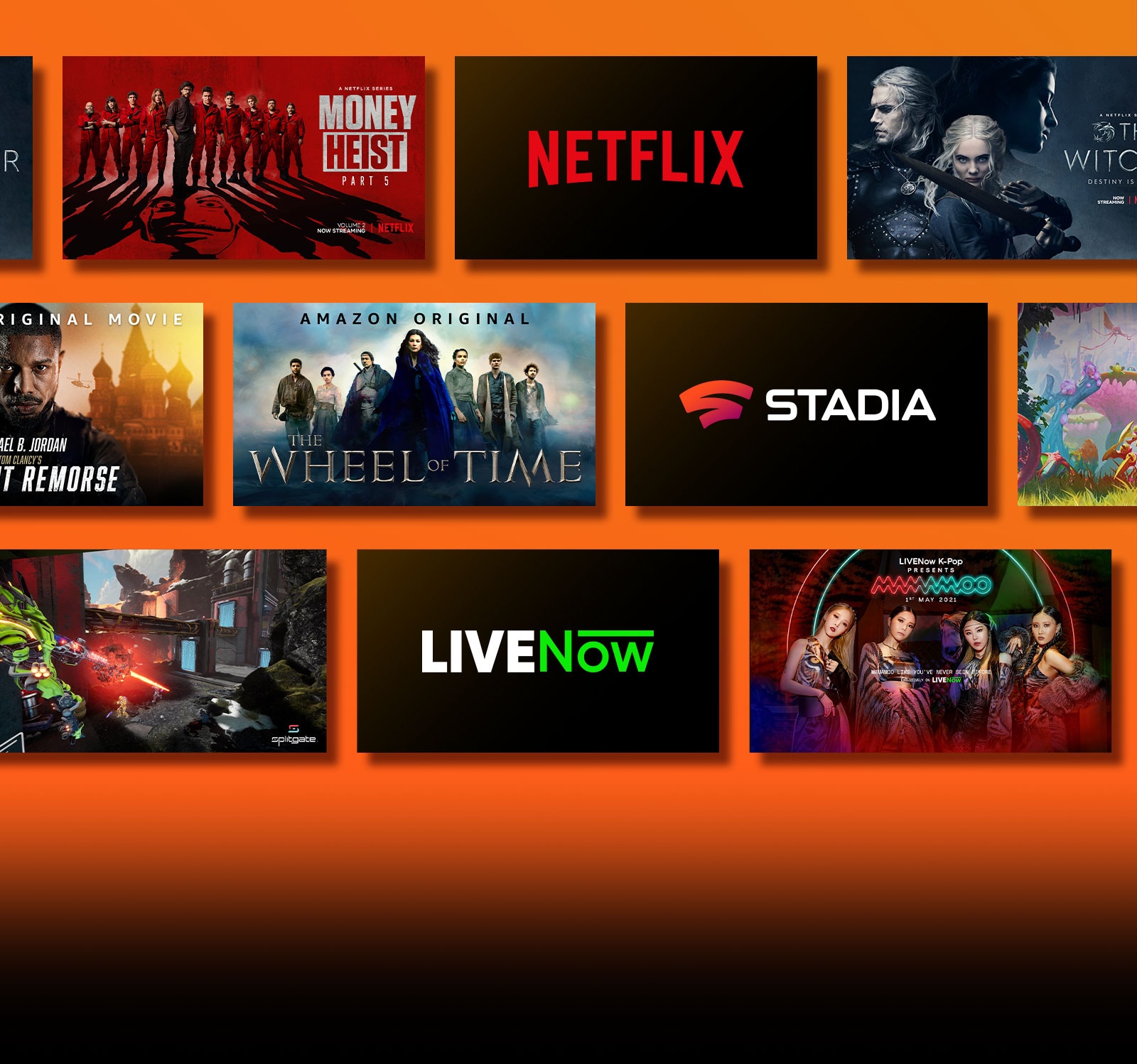 Lângă fiecare siglă sunt prezentate siglele platformele cu servicii de redare în flux și materiale video corespondente. Sigla Netflix și Fabrica de bani și Witcher. Sigla Stadia și Journey to the Savage Planet și The Legend of Heroes: Trails of Cold Steel III. Sunt prezentate sigla Prime Video și Without Remorse și Wheel of Time. Sigla Livenow și imaginea cu teaser-ul pentru mamamoo și imaginea cu teaser-ul pentru OneUs. Sigla NVIDIA Geforce Now și imagini din jocurile Cyberpunk 2077 și Splitgate. 