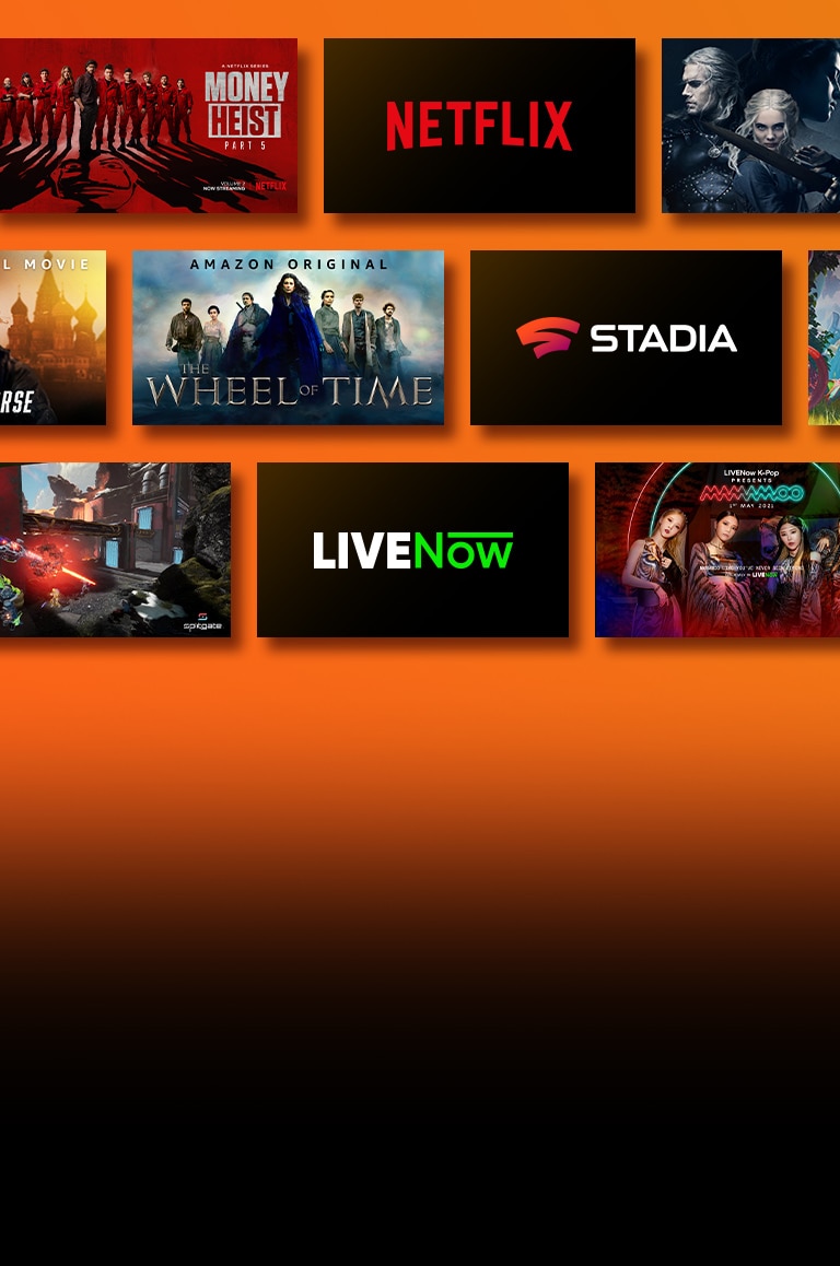 Lângă fiecare siglă sunt prezentate siglele platformele cu servicii de redare în flux și materiale video corespondente. Sigla Netflix și Fabrica de bani și Witcher. Sigla Stadia și Journey to the Savage Planet și The Legend of Heroes: Trails of Cold Steel III. Sunt prezentate sigla Prime Video și Without Remorse și Wheel of Time. Sigla Livenow și imaginea cu teaser-ul pentru mamamoo și imaginea cu teaser-ul pentru OneUs. Sigla NVIDIA Geforce Now și imagini din jocurile Cyberpunk 2077 și Splitgate. 