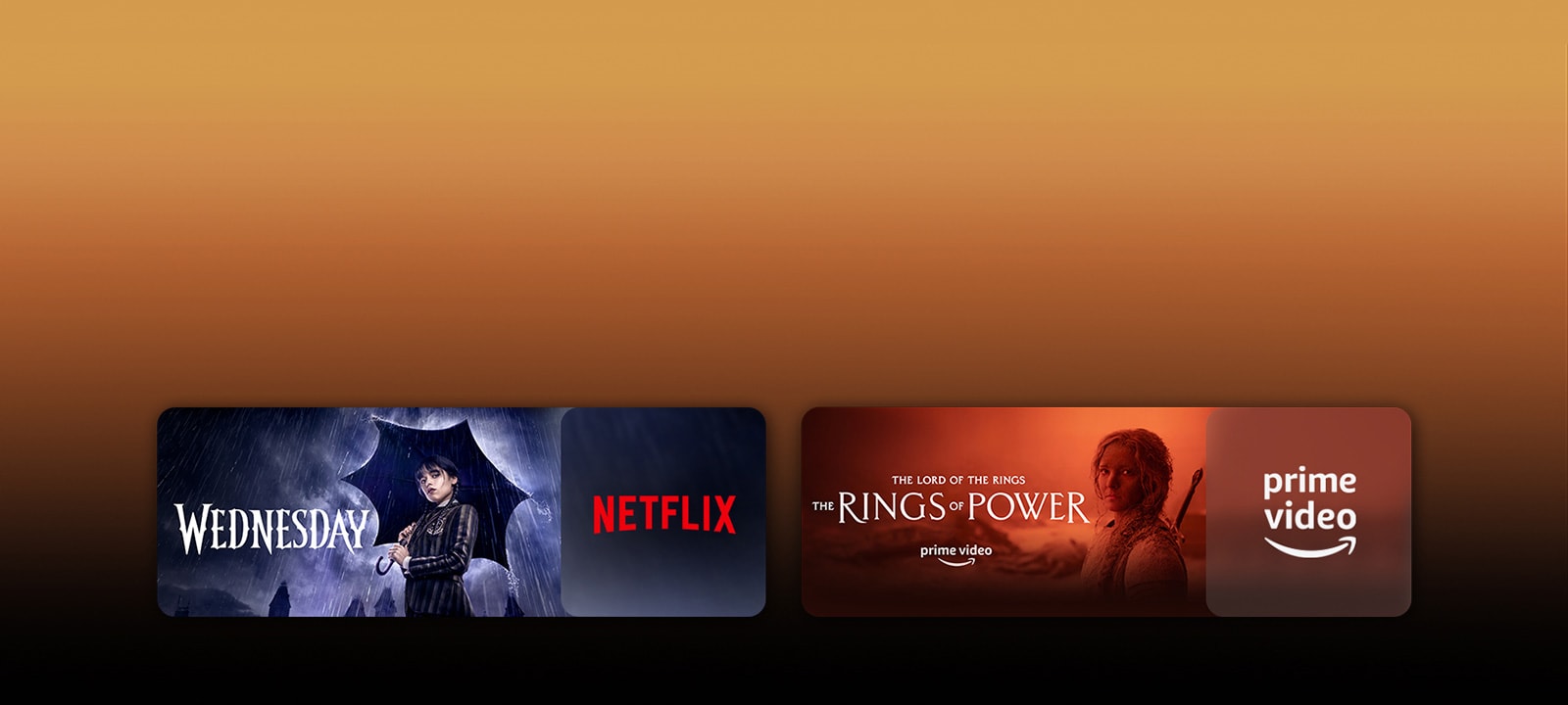 Lângă fiecare siglă sunt prezentate siglele platformele cu servicii de redare în flux și materiale video corespondente. Există imagini cu Wednesday de la Netflix și The rings of power de la PRIME VIDEO.