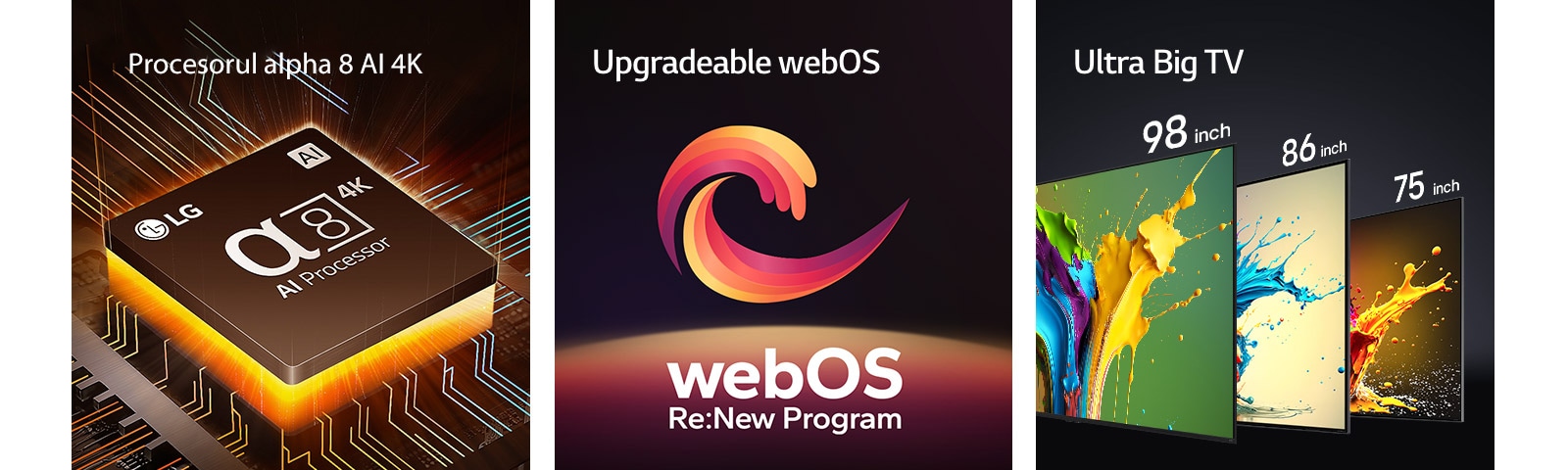 " Imagine cu procesorul alpha 8 AI 4K care este prezentat cu o lumina verde care emană de dedesubt. Imagine cu televizoarele LG QNED89, QNED90 și QNED99 care sunt prezentate în ordine de la stânga la dreapta. Fiecare televizor prezintă o explozie de culoare, iar deasupra televizoarelor sunt afișate cuvintele ""Ultra Big TV""."