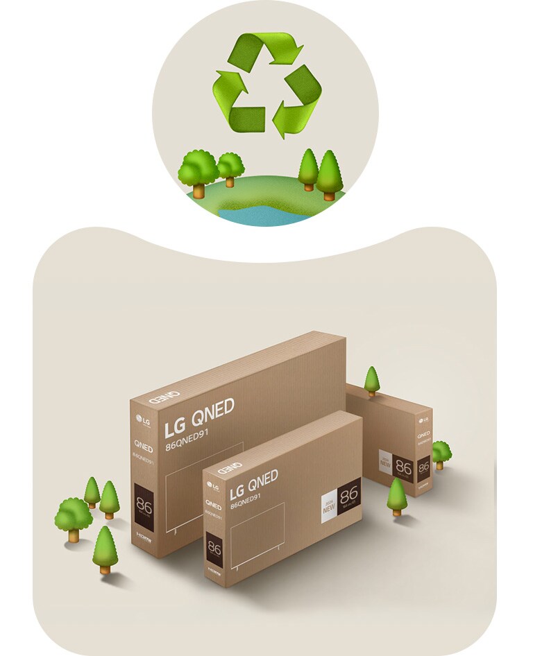 Imagine cu ambalajul LG QNED pe un fundal bej cu arbori ilustrați.