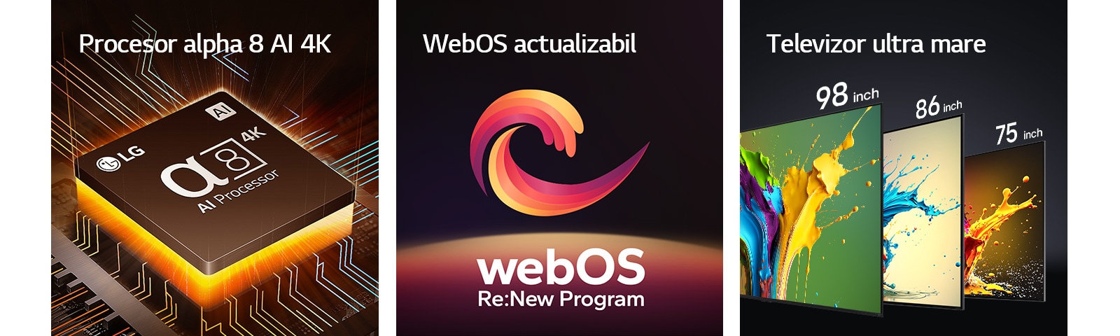 Procesorul alpha 8 AI 4K este aratat cu o lumina portocalie ce emana de dedesubt. O forma de spirala rosie, galbena si violet este aratata intre cuvintele „webOS actualizabil” si „webOS Re:New Program