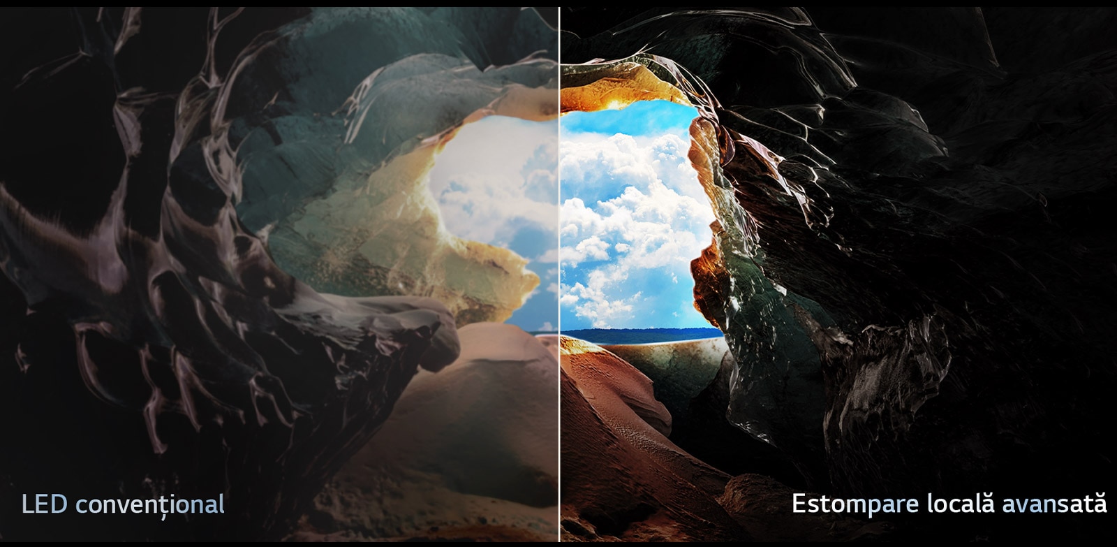 Perspectivă din interiorul unei peșteri, privind în exterior, la intrarea sa, unde se pot vedea un cer albastru și orizontul. Întreaga scenă este împărțită în jumătate, pentru a arăta capacitatea estompării locale avansate a QNED. Pe o parte, culorile și detaliile sunt lipsite de viață, iar vizualurile par neclare. Eticheta transmite, LED convențional. Cealaltă parte prezintă negru extraordinar, contrast mai bun, luminozitate și culoare. Eticheta transmite Estompare locală avansată. 