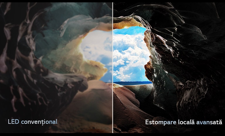 Perspectivă din interiorul unei peșteri, privind în exterior, la intrarea sa, unde se pot vedea un cer albastru și orizontul. Întreaga scenă este împărțită în jumătate, pentru a arăta capacitatea estompării locale avansate a QNED. Pe o parte, culorile și detaliile sunt lipsite de viață, iar vizualurile par neclare. Eticheta transmite, LED convențional. Cealaltă parte prezintă negru extraordinar, contrast mai bun, luminozitate și culoare. Eticheta transmite Estompare locală avansată. 