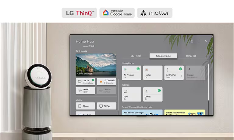LG TV cu Home Hub pe ecran. Interfața cu utilizatorul afișează Google Home, ThinQ și alte IoT, arătând cum vă puteți gestiona cu ușurință toate dispozitivele inteligente de pe televizor.