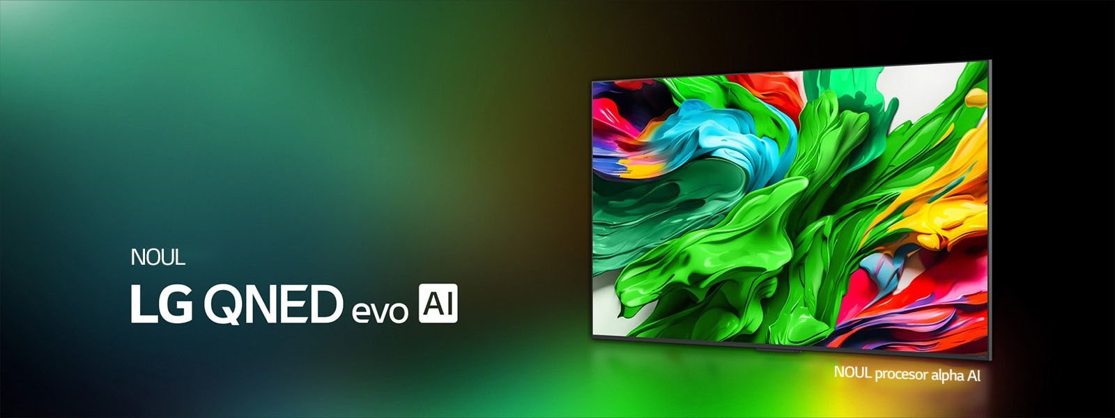 LG QNED TV stă ușor înclinat cu fața la stânga și înfățișează texturi colorate asemănătoare vopselei care se îmbină în roșu, galben, verde, albastru și violet. În spatele televizorului se află procesorul alpha 8 AI Gen2 care emite lumină portocalie și roz. Sigla LG QNED evo AI se află în colțul din stânga jos. Fundalul este un gradient colorat cu verde. Textul este, de asemenea, vizibil, alimentat de alpha 8 AI Processor Gen2.