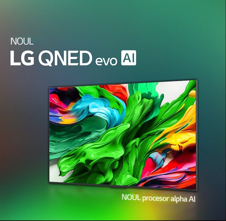LG QNED TV stă ușor înclinat cu fața la stânga și înfățișează texturi colorate asemănătoare vopselei care se îmbină în roșu, galben, verde, albastru și violet. În spatele televizorului se află procesorul alpha 8 AI Gen2 care emite lumină portocalie și roz. Sigla LG QNED evo AI se află în colțul din stânga jos. Fundalul este un gradient colorat cu verde. Textul este, de asemenea, vizibil, alimentat de alpha 8 AI Processor Gen2.