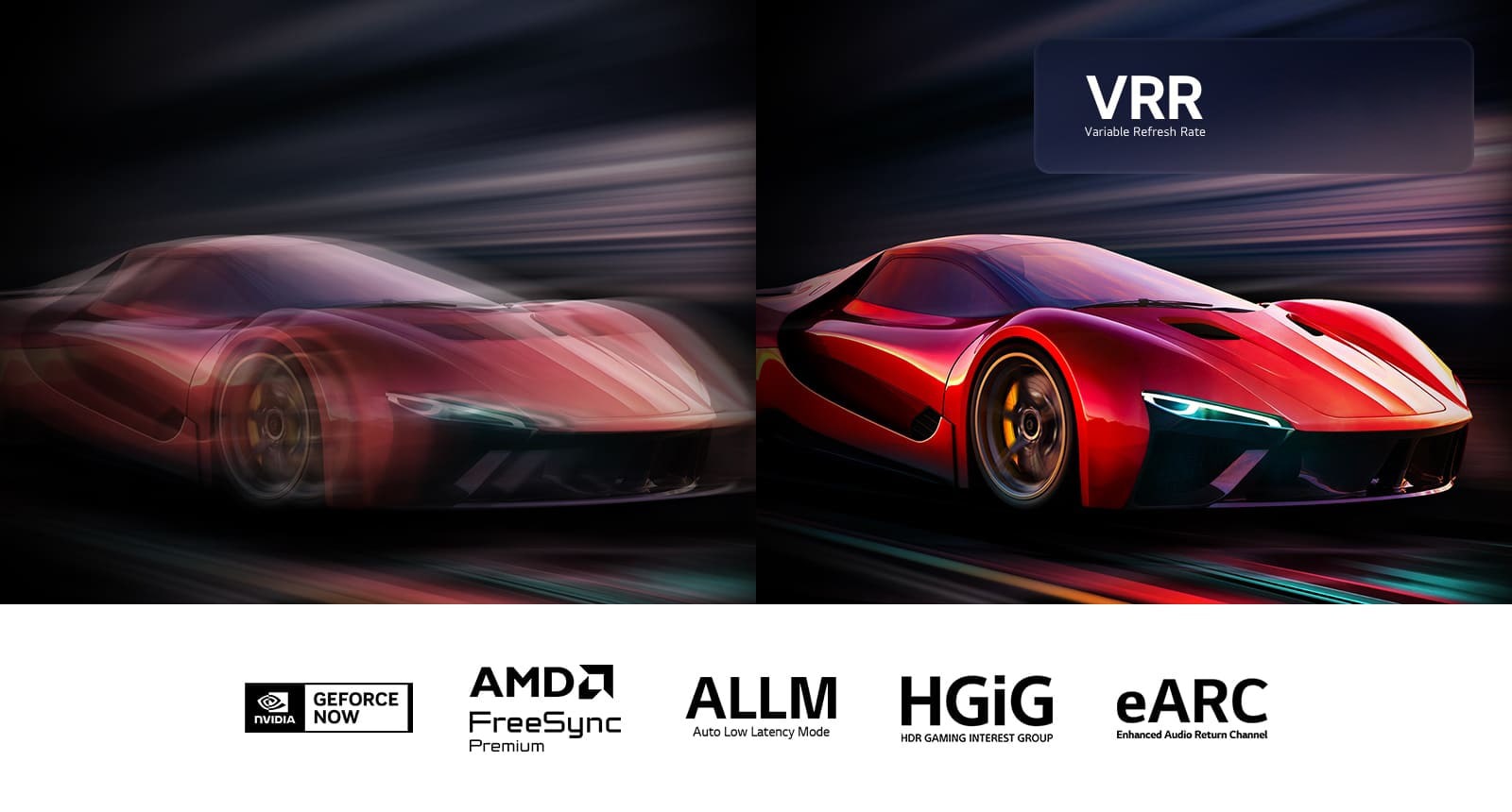 Două imagini cu o mașină dintr-un joc video, una lângă cealaltă. Una prezintă neclaritate cauzată de mișcare. Cealaltă este clară și în centru, arătând rata deîmprospătare ridicată a LG QNED TV. Sigla VRR și 144Hz sunt în colțul din dreapta sus.