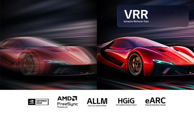 Două imagini cu o mașină dintr-un joc video, una lângă cealaltă. Una prezintă neclaritate cauzată de mișcare. Cealaltă este clară și în centru, arătând rata deîmprospătare ridicată a LG QNED TV. Sigla VRR și 144Hz sunt în colțul din dreapta sus.