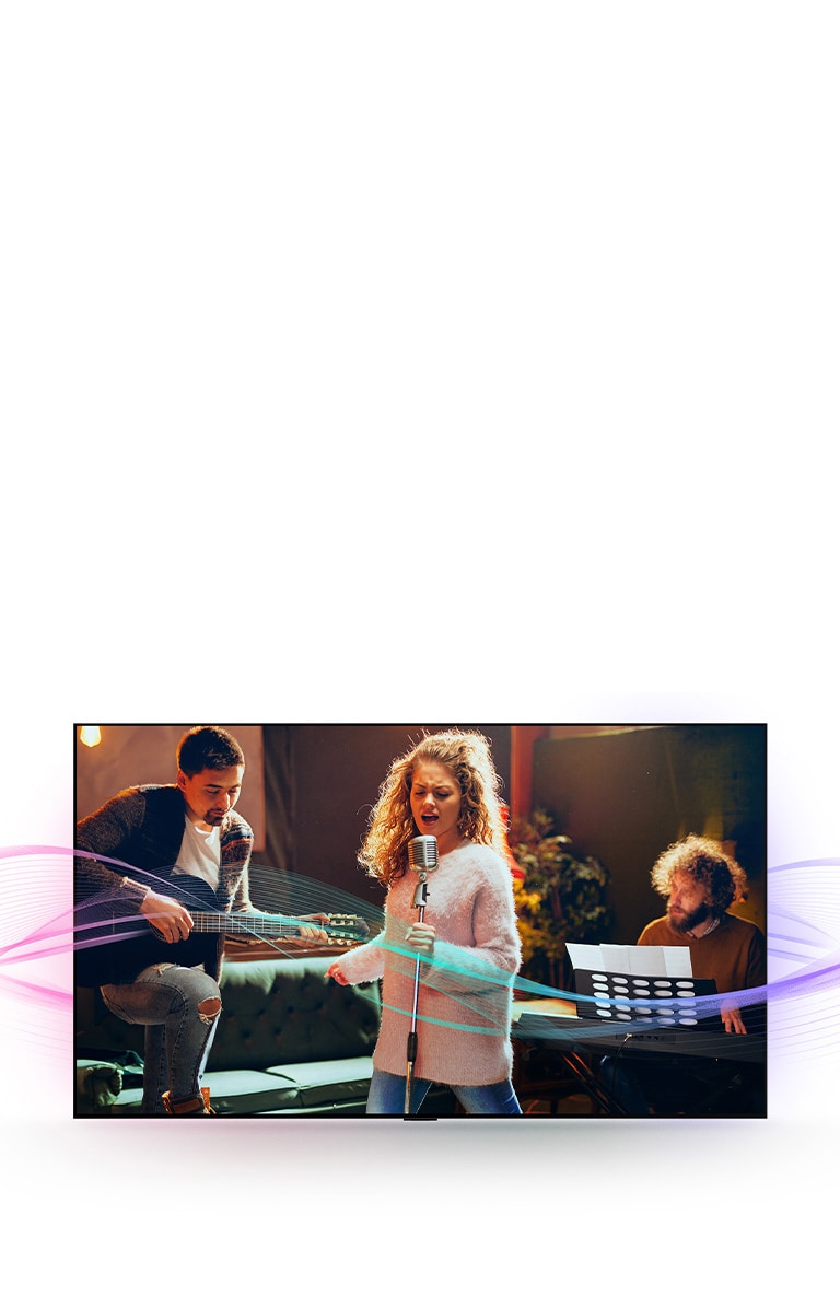 Sunt ilustrați un bărbat care cântă la chitară, o femeie care cântă la microfon și un bărbat care cântă la pian. Undele sonore care provin de la acestea arată emisia de sunet și modul în care calitatea sunetului este îmbunătățită cu AI Clear Sound.