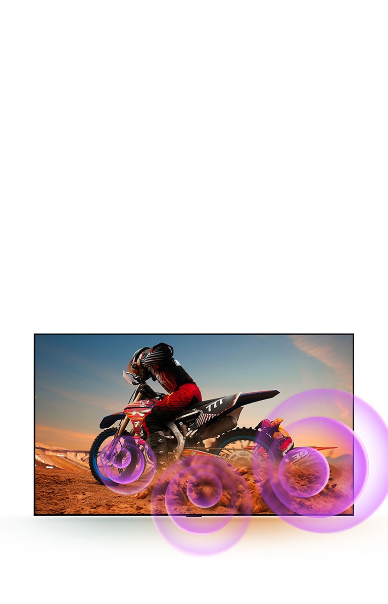 LG QNED TV înfățișează un bărbat pe o motocicletă cu cercuri abstracte violet care ies din roată pentru a vizualiza emisia de sunet. 